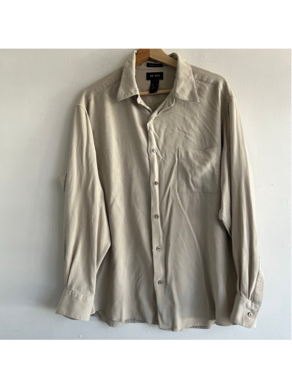 Men's axcess Beige 100% Silk Casual Button Down Shirt XL